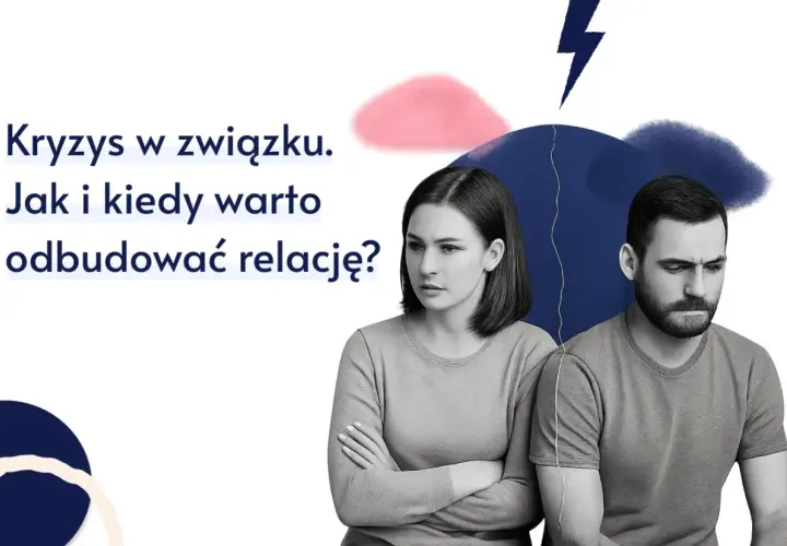 Para zamyślona, z rękami skrzyżowanymi, przeżywa kryzys w związku. Nad nimi symboliczny piorun i pęknięcie.