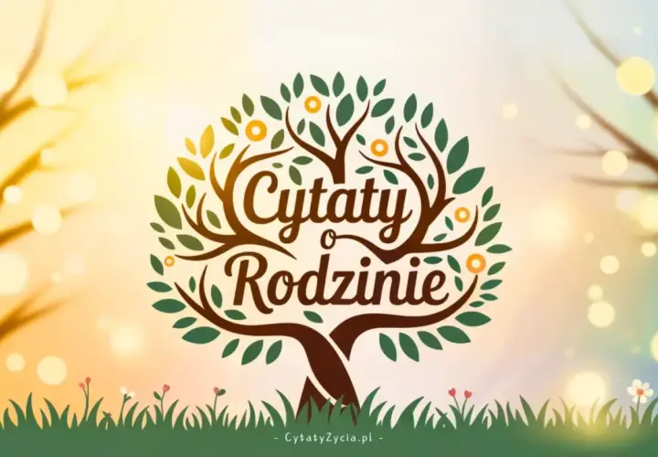 Drzewo życia z napisem "Cytaty o Rodzinie". Piękny tekst o rodzinie, który rozkwita jak drzewo.