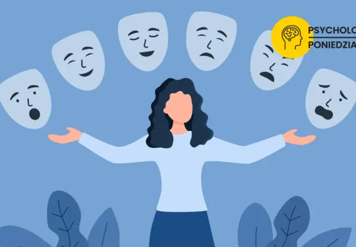 Kobieta otoczona maskami wyrażającymi różne uczucia i emocje. Symbolizuje złożoność ludzkiej psychiki.