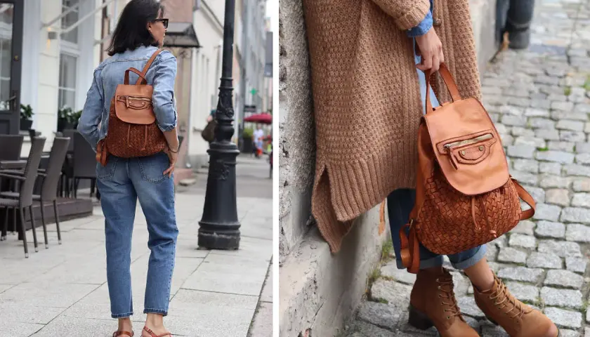 Stylowe stylizacje z plecakiem: jeansowa kurtka i wygodne spodnie lub oversize'owy sweter i botki.