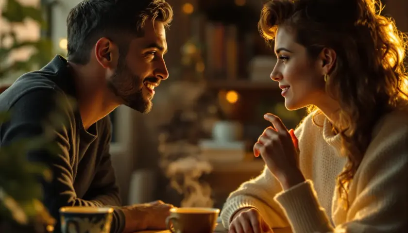 Para przykładów zachowań empatycznych: para przy kawie, patrząca na siebie z uśmiechem, słuchająca uważnie.