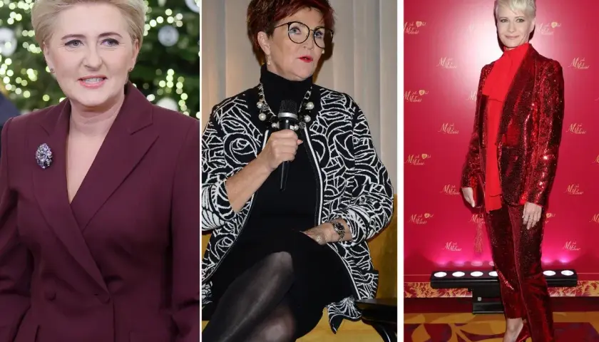 Eleganckie stylizacje na sylwestra: bordowy garnitur, czarna sukienka z wzorzystą marynarką i błyszczący czerwony komplet.