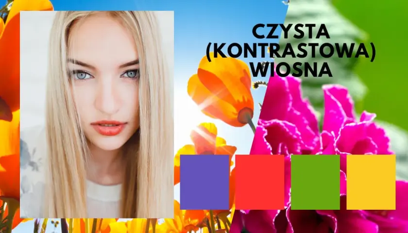 Kobieta o jasnych włosach i niebieskich oczach na tle kwitnących kwiatów. Tekst "Czysta (kontrastowa) wiosna" i kolorowe kwadraty.