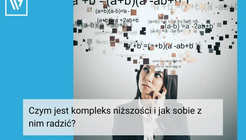 Kobieta zmagająca się z myślami, które tworzą matematyczne równania, symbolizujące kompleks niższości.