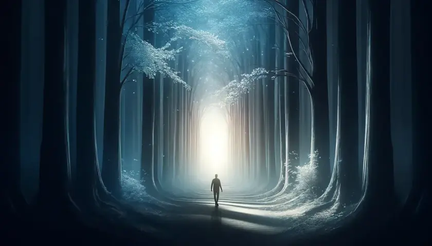 Samotna postać idzie przez mroczny las w stronę światła. To podróż ku odkryciu własnego **self concept**.