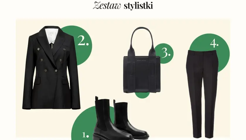 Elegancki czarny garnitur damski stylizacje: dwurzędowa marynarka, spodnie, botki i torebka. Idealny zestaw na co dzień i do pracy.
