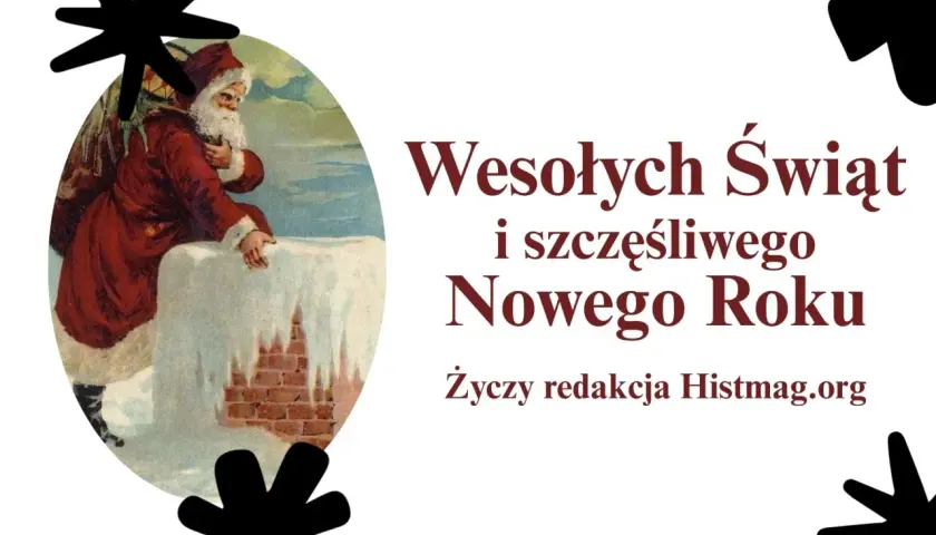 Święty Mikołaj z workiem prezentów życzy nam wesołych świąt i szczęśliwego naszego roku.