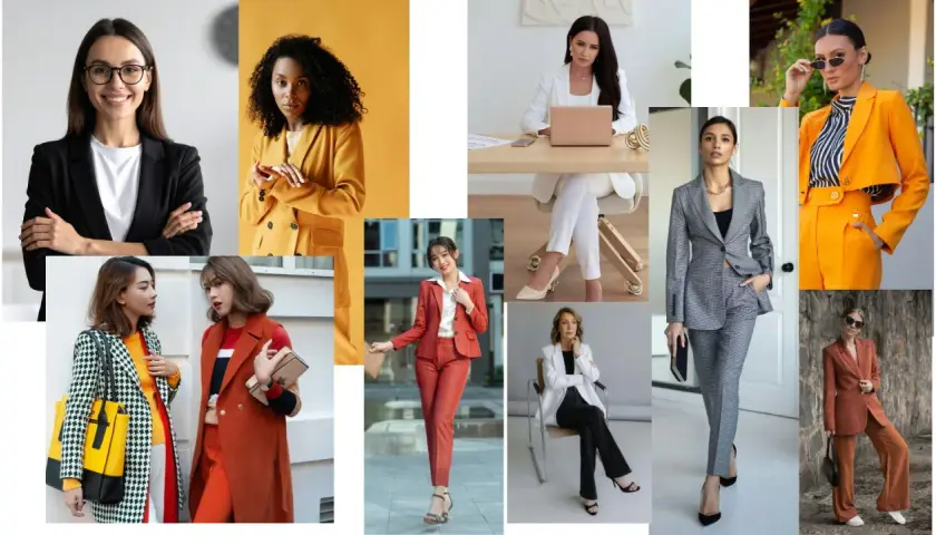 Kobiety w stylizacjach business casual: garnitury, marynarki, eleganckie spodnie i sukienki.