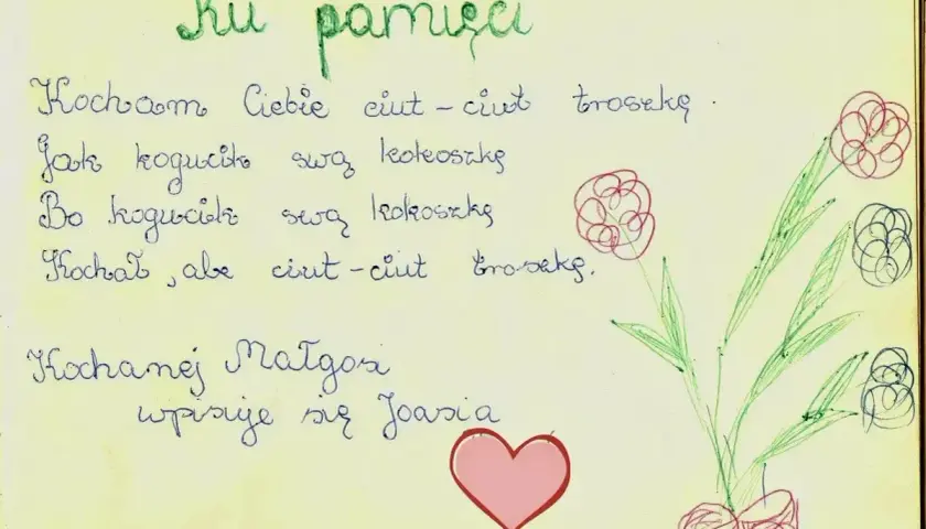 Wpis do pamiętnika z wierszykiem o miłości i rysunkiem kwiatów. "Kocham Cię ciut-ciut troszkę" - takie cytaty do pamiętnika są urocze.