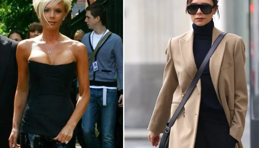 Victoria Beckham w stylizacjach: czarny gorset i błyszczące spodnie, beżowy płaszcz i golf.