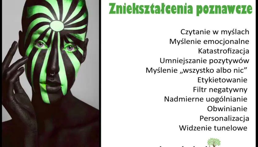Twarz z zielono-czarnym wzorem, ilustrująca zniekształcenia poznawcze, takie jak myślenie emocjonalne i katastrofizacja.