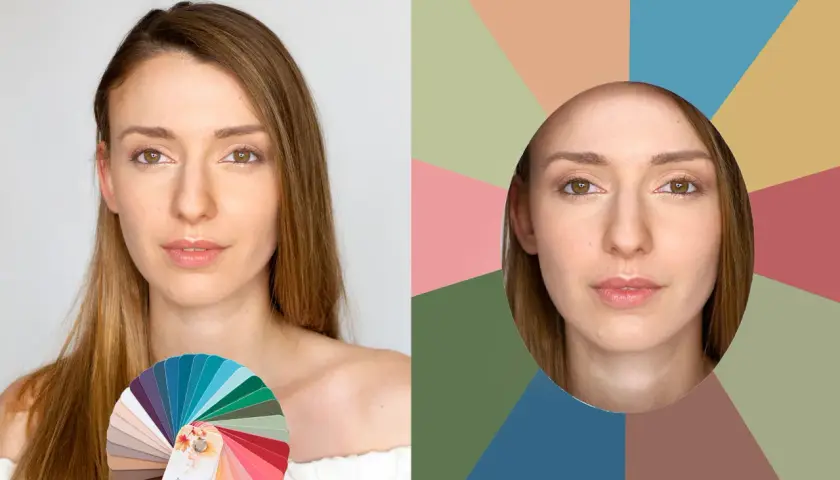 Kobieta z paletą barw "zgaszona jesień" obok swojego portretu na tle geometrycznych kształtów.