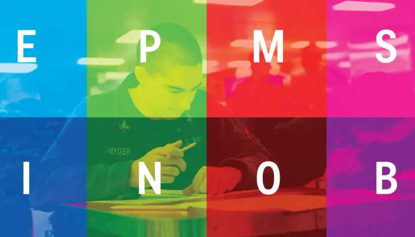 E, P, M, S, I, N, O, B - litery na kolorowym tle, przypominające o tym, mbti co to.