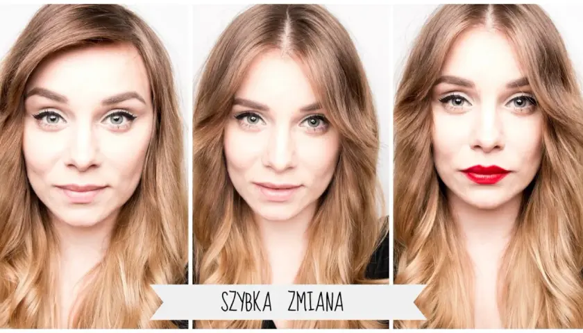 Trzy ujęcia tej samej kobiety. Na pierwszym subtelny makijaż, na drugim lekko zmieniony, a na trzecim z wyrazistą czerwoną szminką, która sprawia, że wygląda poważniej.