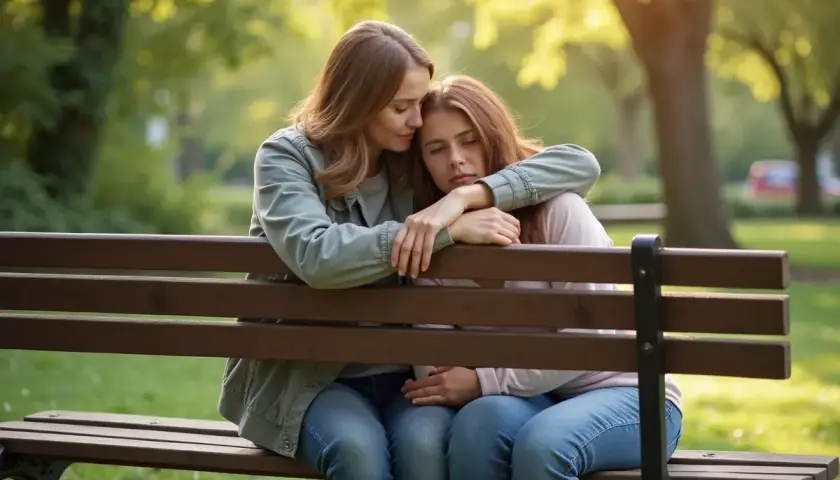 Kobieta pociesza drugą, obejmując ją ramieniem na ławce w parku.