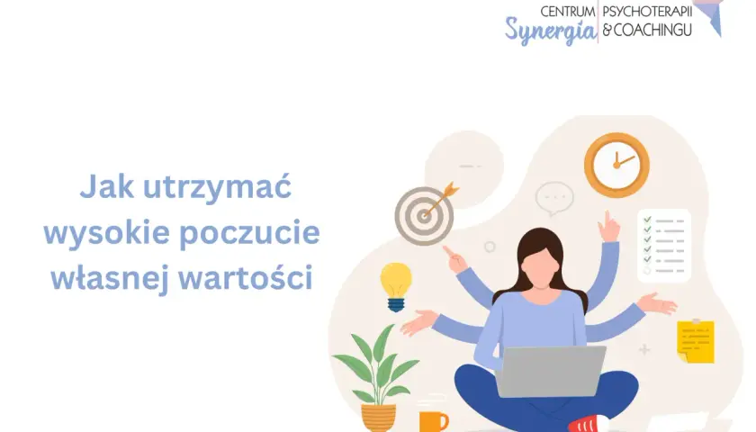 Ilustracja pokazuje kobietę z wieloma rękami, która pracuje przy laptopie, symbolizując efektywne zarządzanie zadaniami i budowanie wysokiego poczucia własnej wartości.