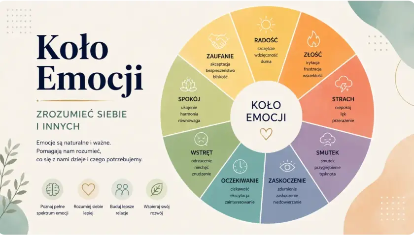 Koło Emocji pomaga w rozpoznawaniu emocji, od radości po smutek, ułatwiając zrozumienie siebie i innych.