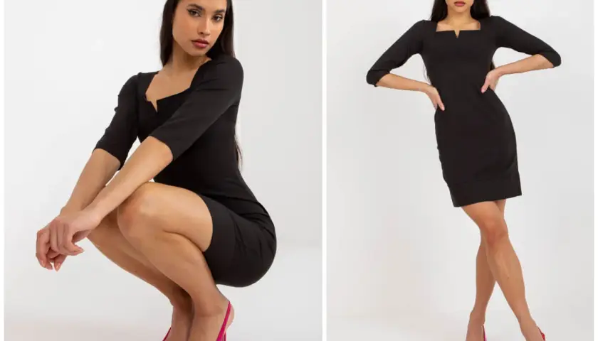 Elegancka czarna sukienka z dekoltem V, idealna na wesele. Czy wypada iść w czarnej sukience na wesele? Ta stylizacja z fuksjowymi szpilkami odpowiada na to pytanie.