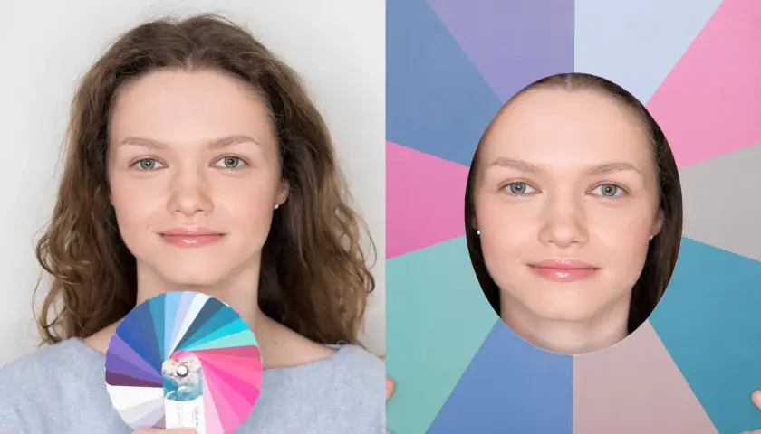 Kobieta z kołem barw w dłoni, obok jej twarz w otworze w tle z pastelowymi, zgaszone lato kolory.