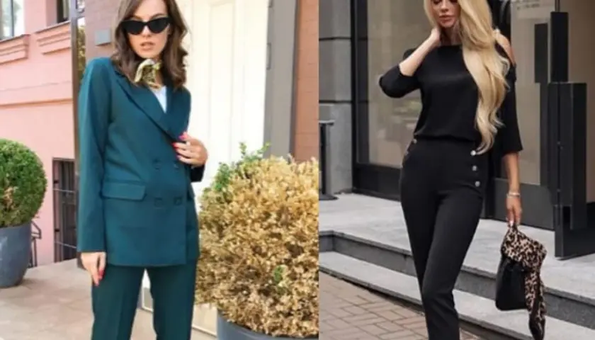 Elegancka sukienka do sądu w ciemnozielonym garniturze i czarny, dopasowany komplet.