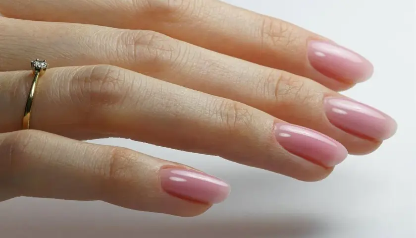 Dłoń z delikatnym, różowym manicurem i pierścionkiem z brylantem. Idealny przykład stylu "clean girl".