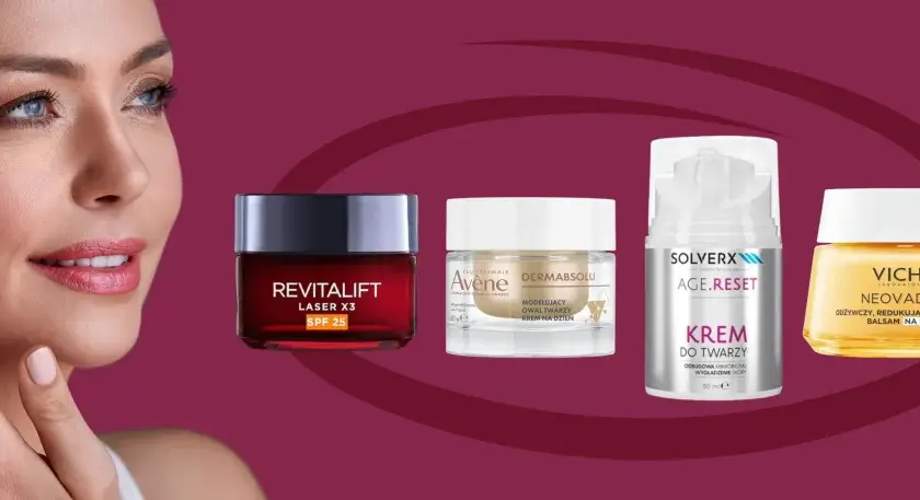 Kobieta z piękną cerą aplikuje krem. Obok cztery kosmetyki do pielęgnacji twarzy: Revitalift, Avène Dermabsolu, Solverx Age.Reset i Vichy Neovadiol.