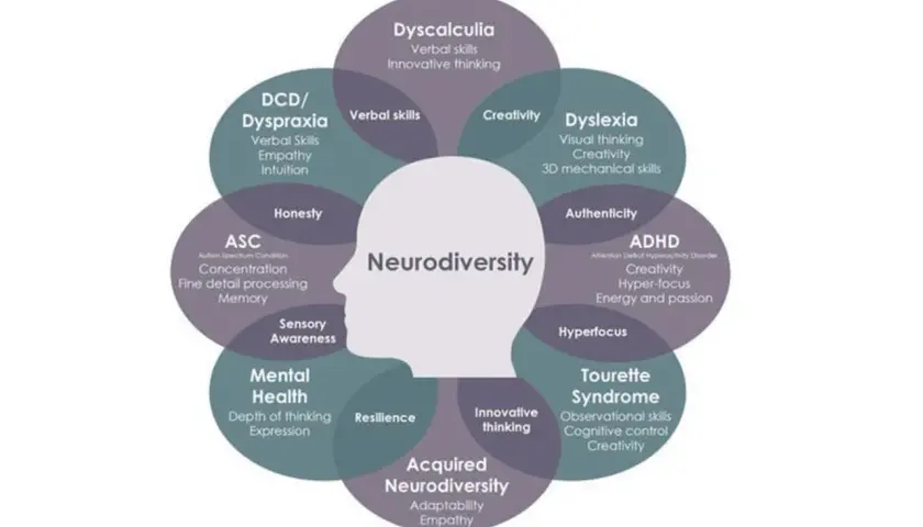 Schemat przedstawia neurodywersyfikację, ukazując różne aspekty i cechy osób neuroróżnorodnych, takie jak dysleksja, ADHD, ASC.