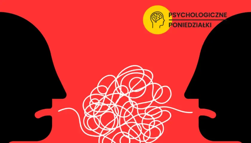 Dwie sylwetki twarzy, jedna czarna, druga czerwona, próbują się porozumieć. Między nimi plątanina białych linii symbolizuje trudności, jak rozmawiać z narcyzem.