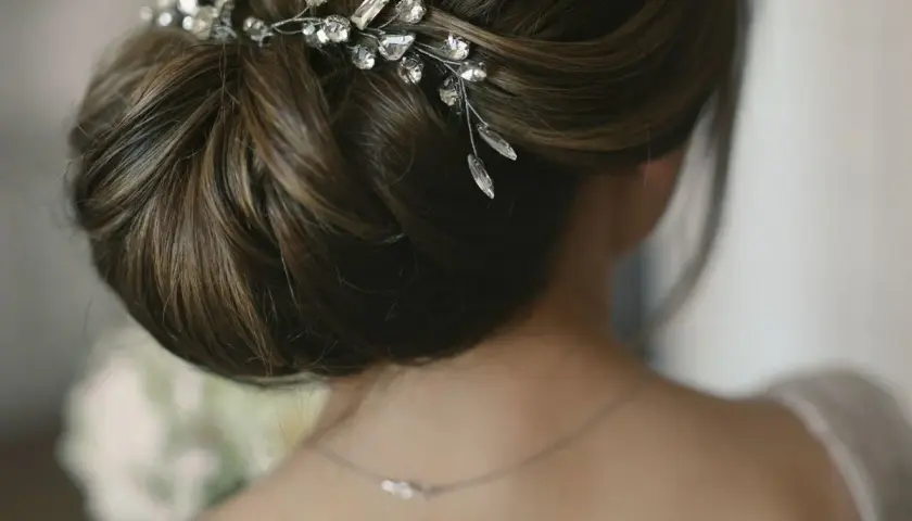 Eleganckie, luźne upięcia ślubne z delikatną biżuterią. Warkocz ozdobiony kryształkami dodaje blasku.