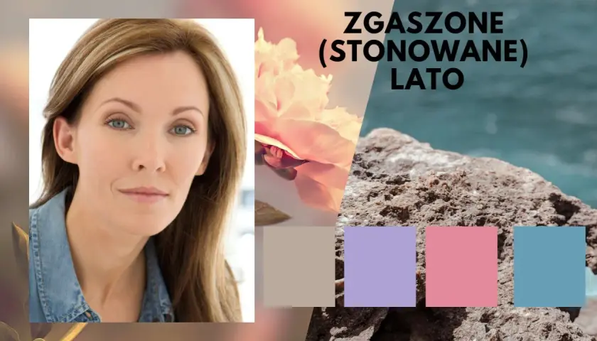 Kobieta z zgaszone lato włosy, obok kwiat i kamienie. Paleta barw.