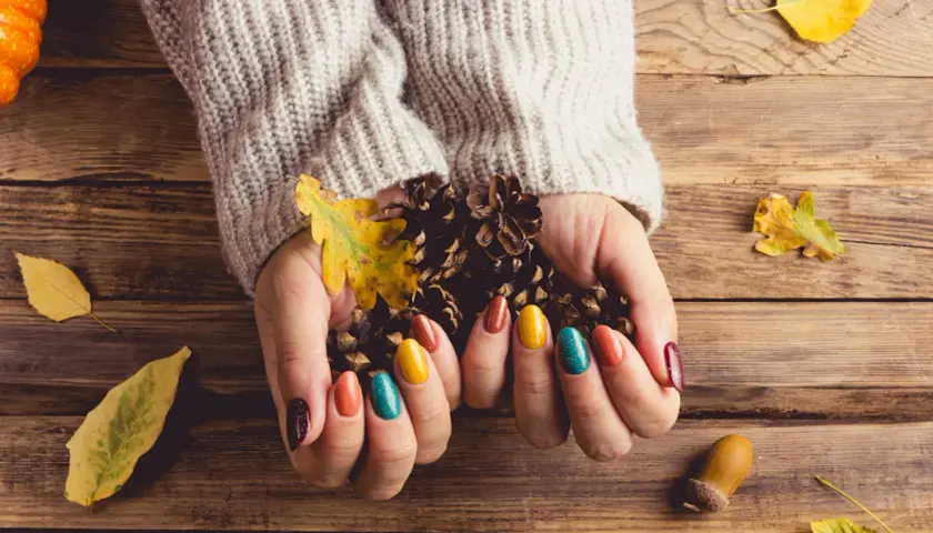 Dłonie w swetrze trzymają szyszki i liście, otoczone jesiennymi dekoracjami. To taki **soft autumn**.