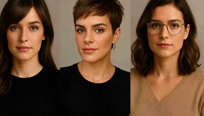 Trzy kobiety prezentujące nowoczesne fryzury damskie: długie fale, krótki pixie cut i falowane włosy do ramion.
