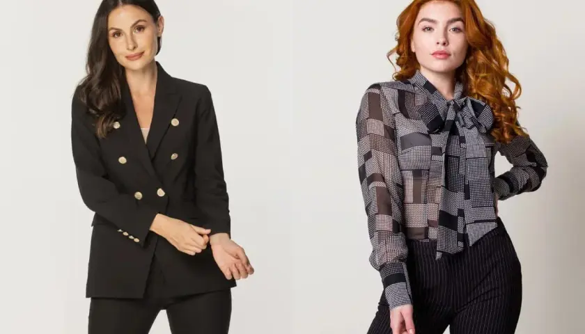Eleganckie stylizacje na czas żałoby po mamie: czarna marynarka z guzikami i czarne spodnie lub wzorzysta bluzka z kokardą i spodnie w prążki.