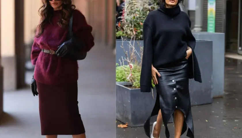 Dwie kobiety prezentują eleganckie spódnica i sweter stylizacje. Jedna w bordowym swetrze i spódnicy, druga w czarnym golfie i skórzanej spódnicy.