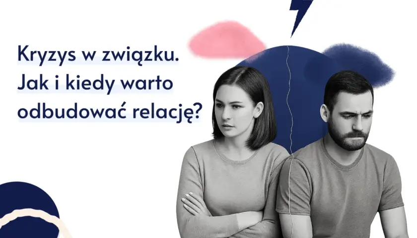 Para zamyślona, z rękami skrzyżowanymi, przeżywa kryzys w związku. Nad nimi symboliczny piorun i pęknięcie.