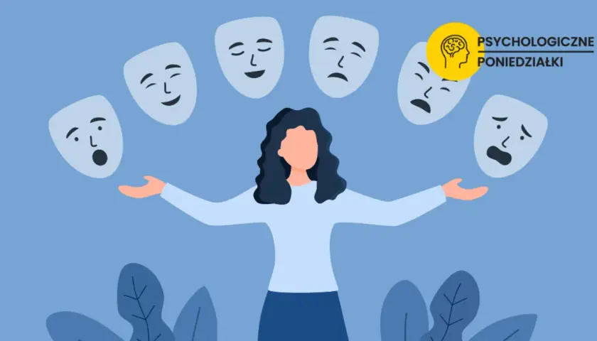 Kobieta otoczona maskami wyrażającymi różne uczucia i emocje. Symbolizuje złożoność ludzkiej psychiki.