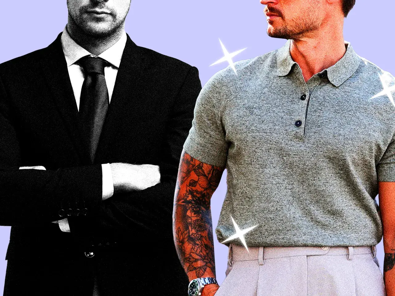 Dwóch mężczyzn, jeden w eleganckim czarnym garniturze, drugi w szarym polo i spodniach. Strój formalny i casualowy obok siebie.
