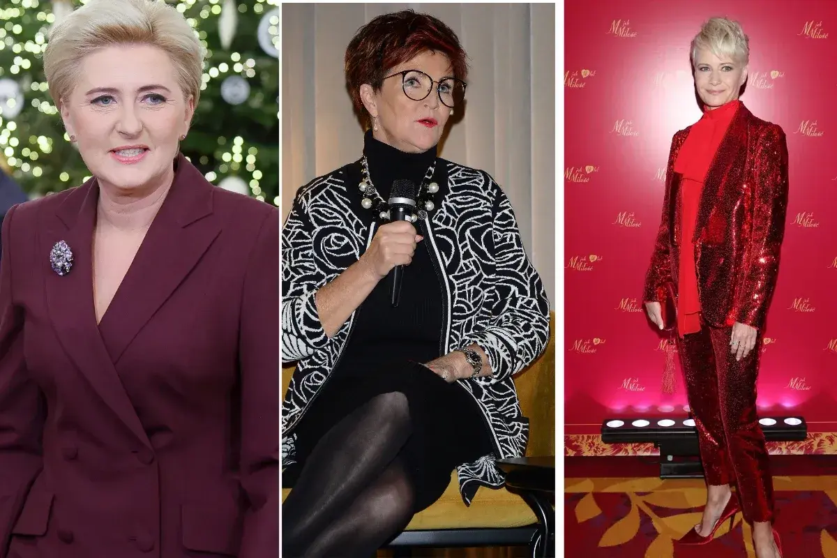 Eleganckie stylizacje na sylwestra: bordowy garnitur, czarna sukienka z wzorzystą marynarką i błyszczący czerwony komplet.