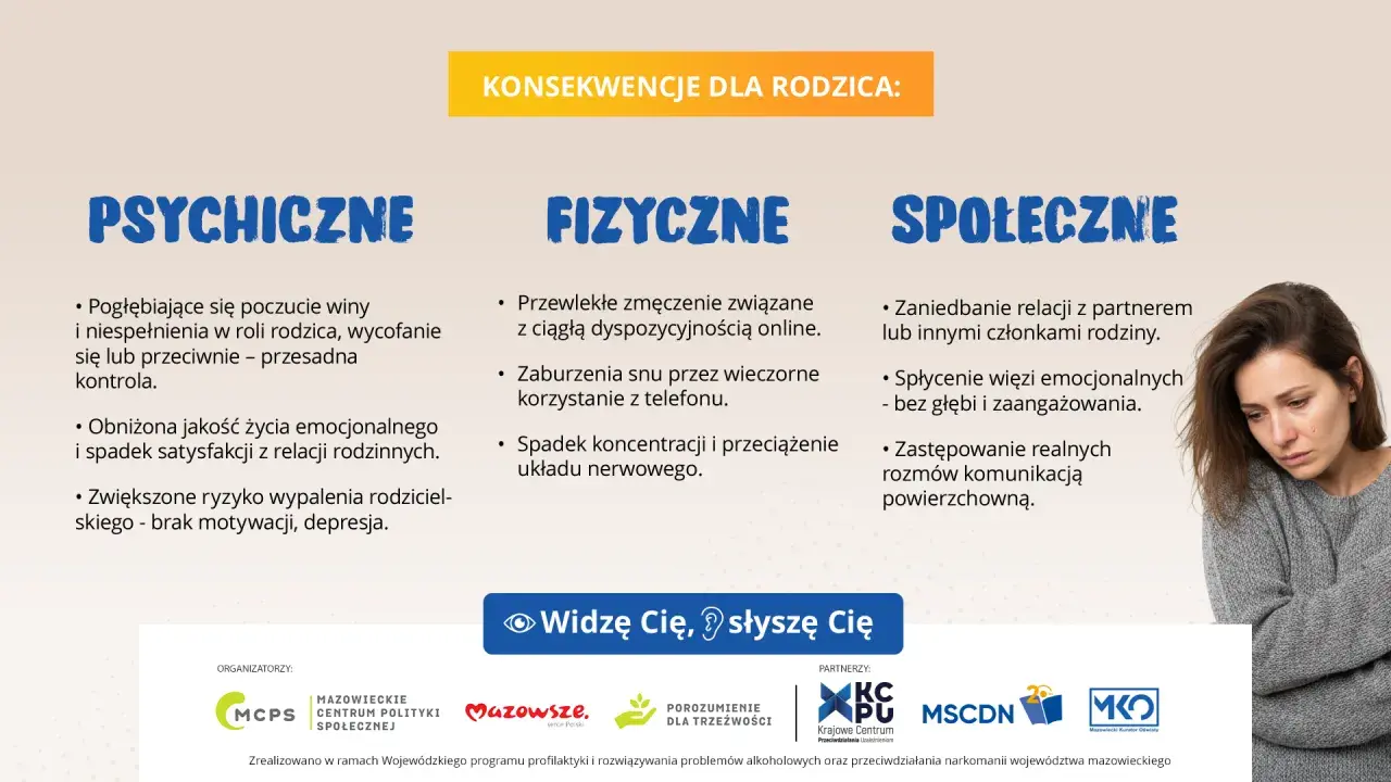Psychiczne konsekwencje dla rodzica: poczucie winy, wycofanie, obniżona jakość życia, wypalenie. To trudne psychologiczne pytania.