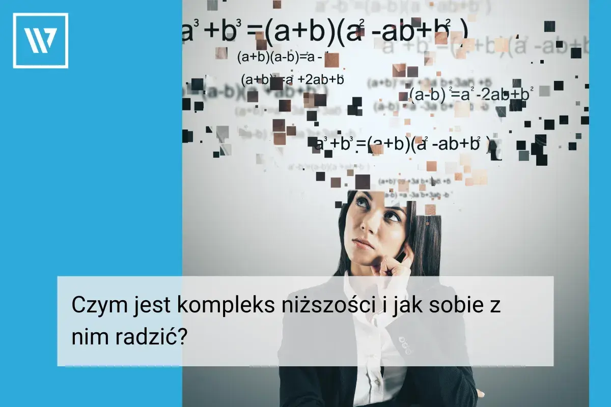 Kobieta zmagająca się z myślami, które tworzą matematyczne równania, symbolizujące kompleks niższości.