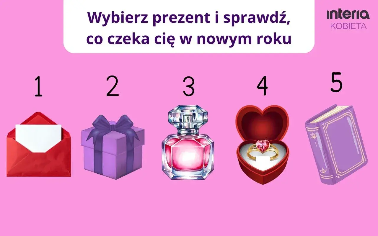 Pięć ponumerowanych prezentów: koperta, pudełko, perfumy, pierścionek, książka.
