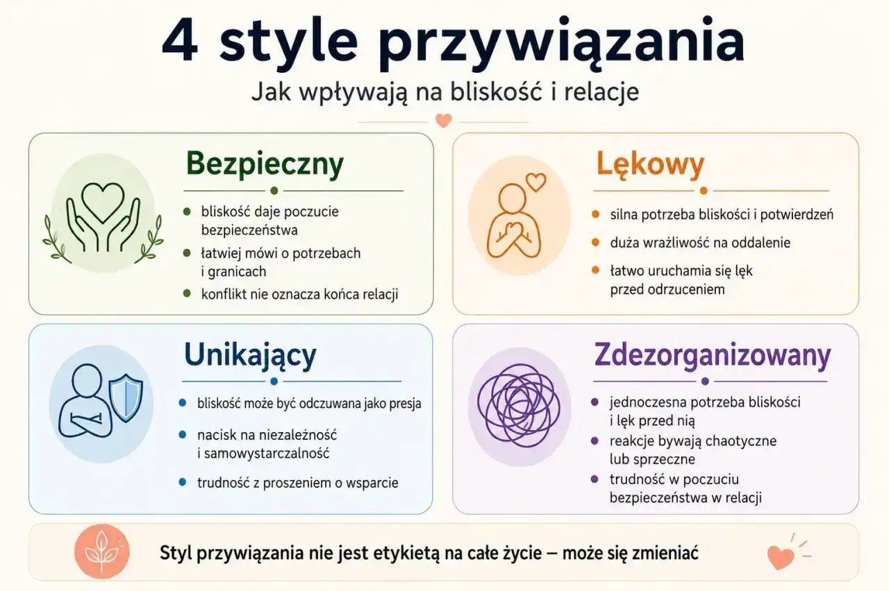 4 style przywiązania: bezpieczny, lękowy, unikający, zdezorganizowany. Jak rozmawiać z chłopakiem, by budować bliskość i relacje.