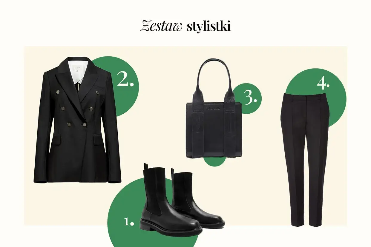 Elegancki czarny garnitur damski stylizacje: dwurzędowa marynarka, spodnie, botki i torebka. Idealny zestaw na co dzień i do pracy.