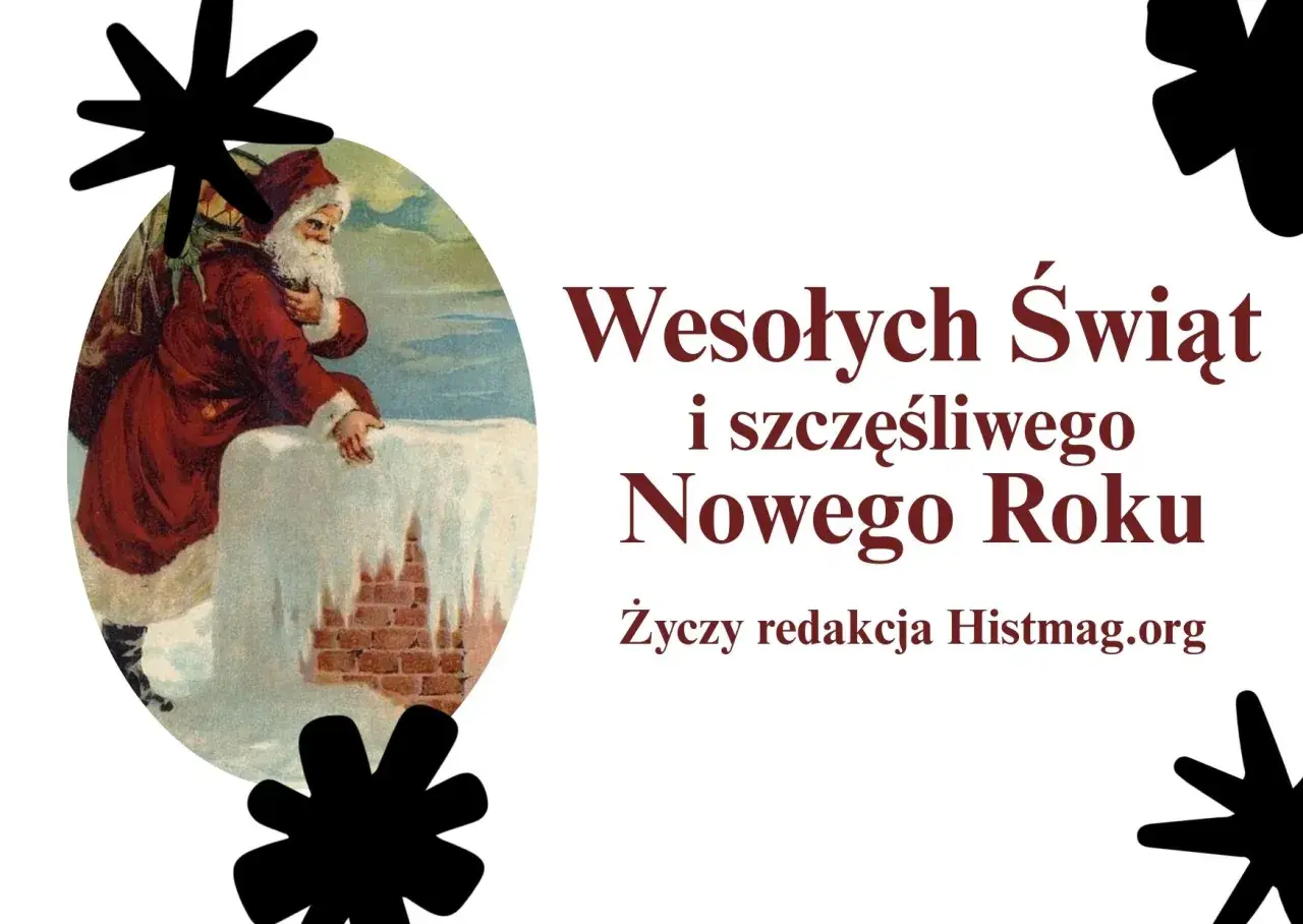 Święty Mikołaj z workiem prezentów życzy nam wesołych świąt i szczęśliwego naszego roku.