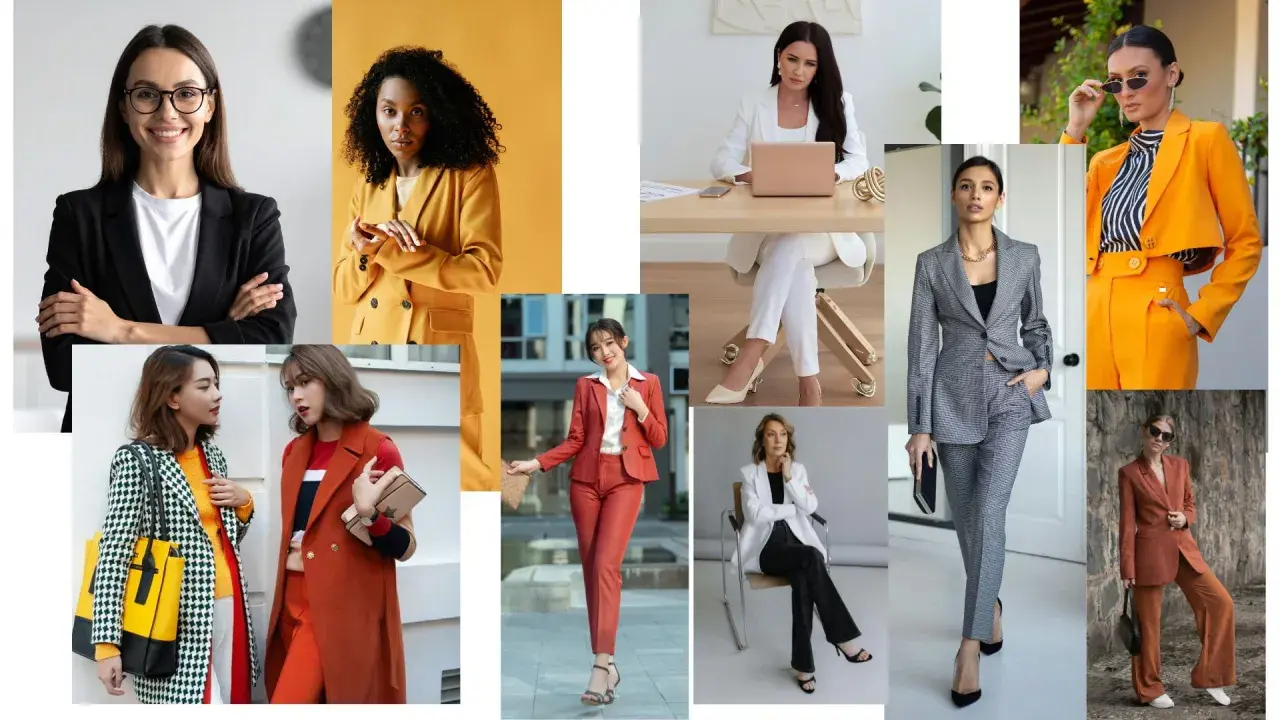 Kobiety w stylizacjach business casual: garnitury, marynarki, eleganckie spodnie i sukienki.