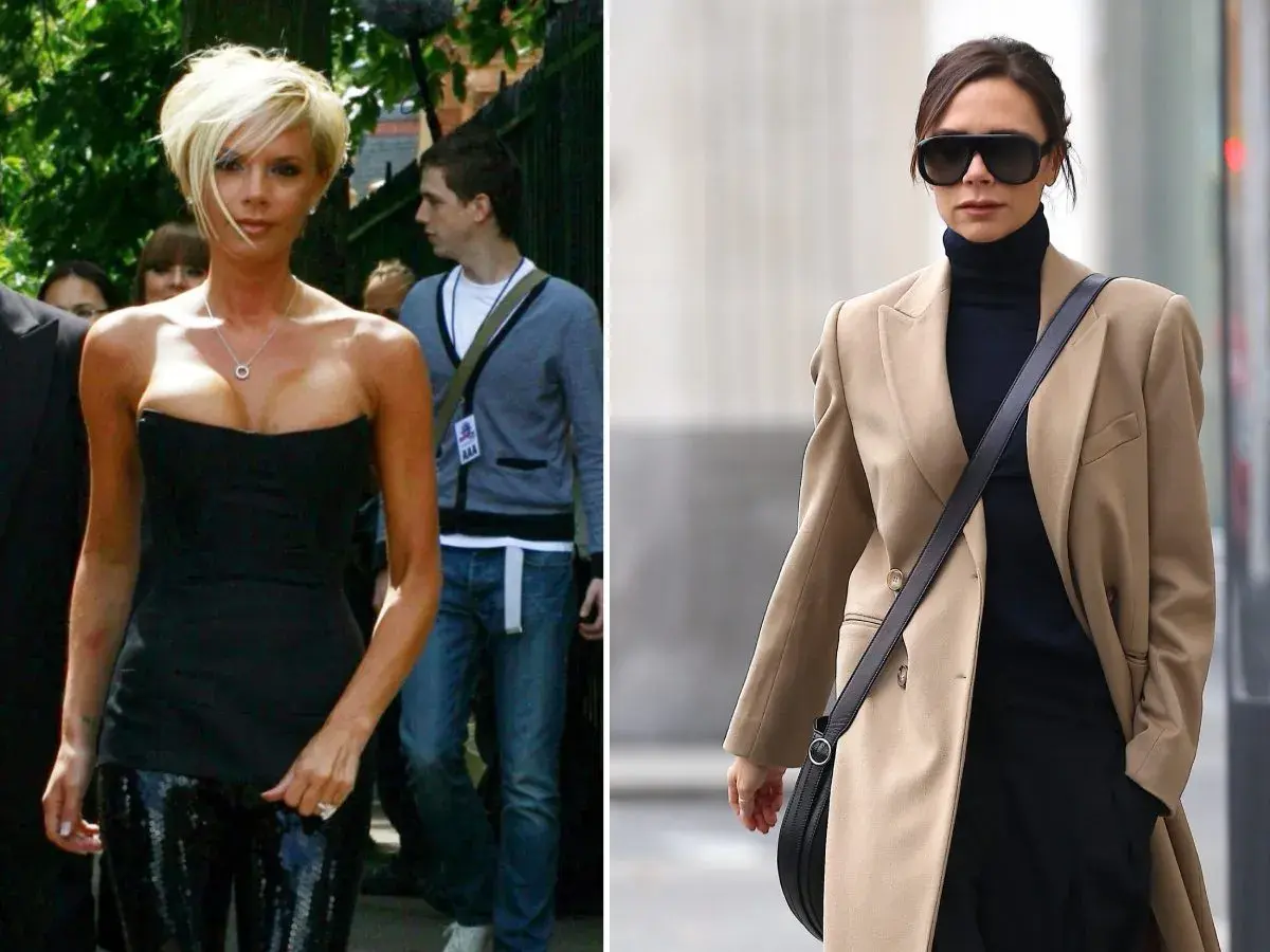 Victoria Beckham w stylizacjach: czarny gorset i błyszczące spodnie, beżowy płaszcz i golf.