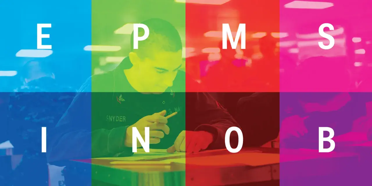 E, P, M, S, I, N, O, B - litery na kolorowym tle, przypominające o tym, mbti co to.