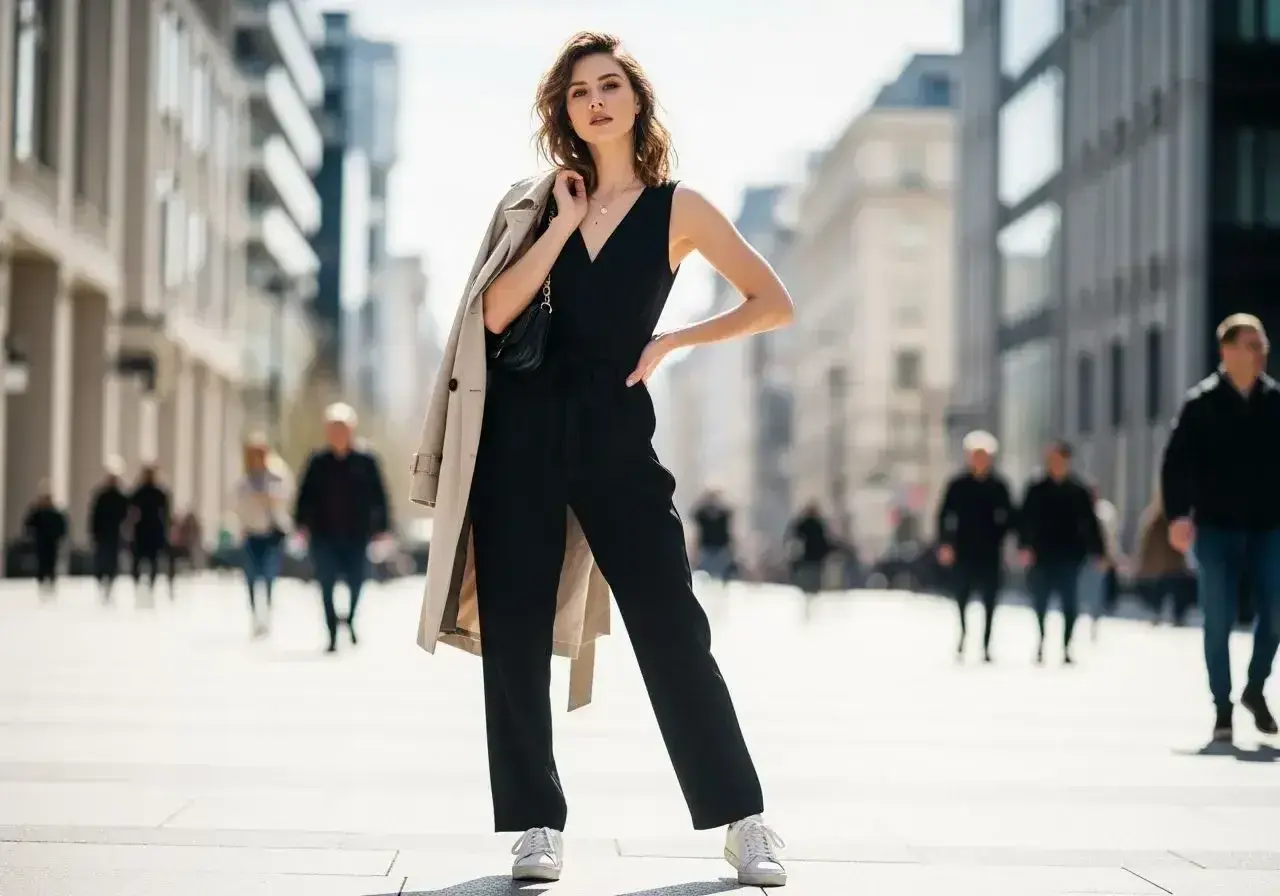 Elegancki czarny kombinezon i białe sneakersy tworzą stylowy zestaw na miejski spacer.