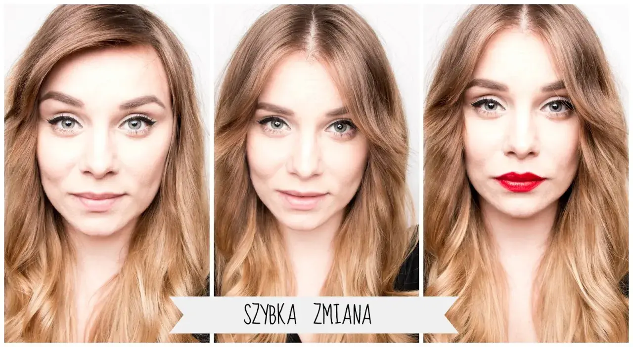 Trzy ujęcia tej samej kobiety. Na pierwszym subtelny makijaż, na drugim lekko zmieniony, a na trzecim z wyrazistą czerwoną szminką, która sprawia, że wygląda poważniej.