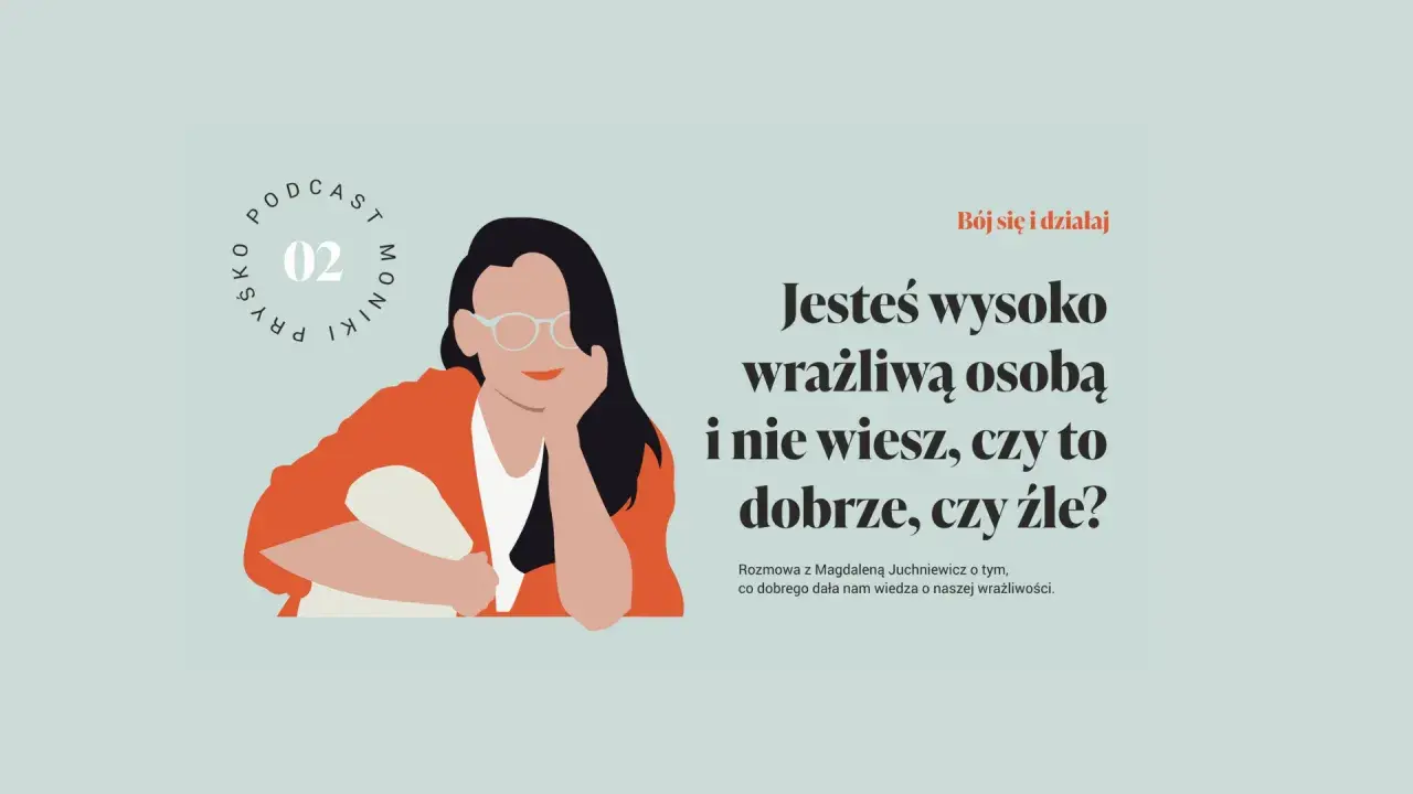 Ilustracja kobiety z okularami, która jest przykładem znanej osoby wysoko wrażliwej. Rozmowa o tym, czy wrażliwość to dar, czy przekleństwo.